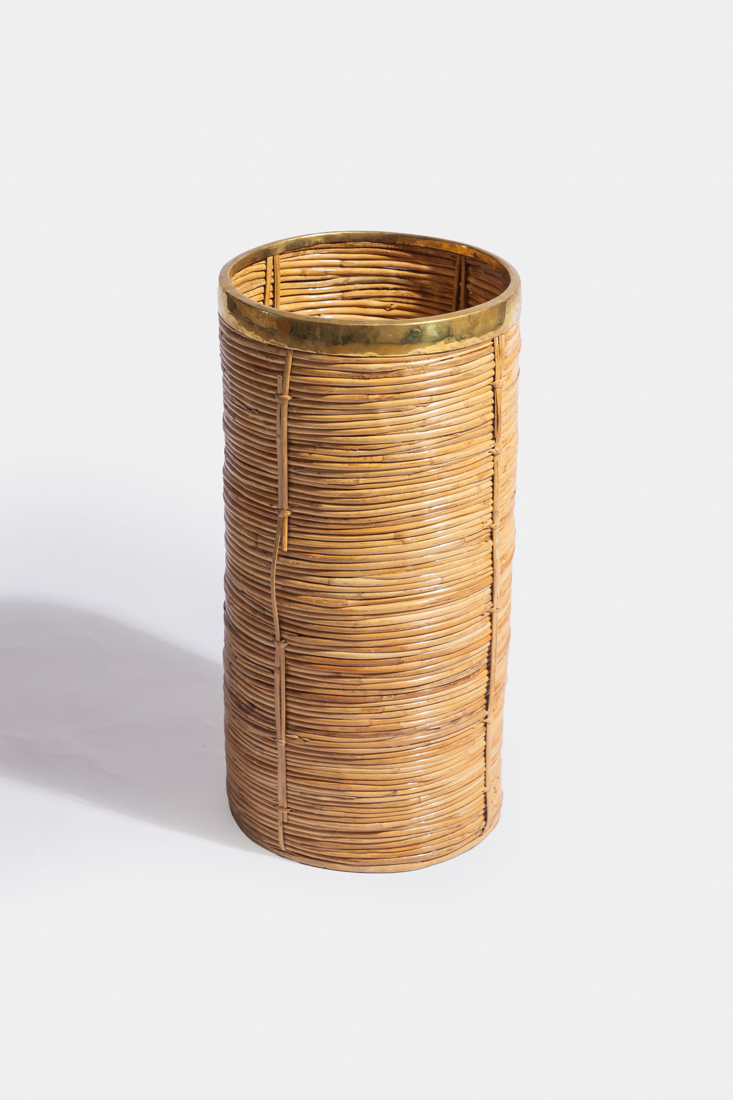 1970s Italian Cane & Brass Umbrella Stand in the style of Gabriella Crespi