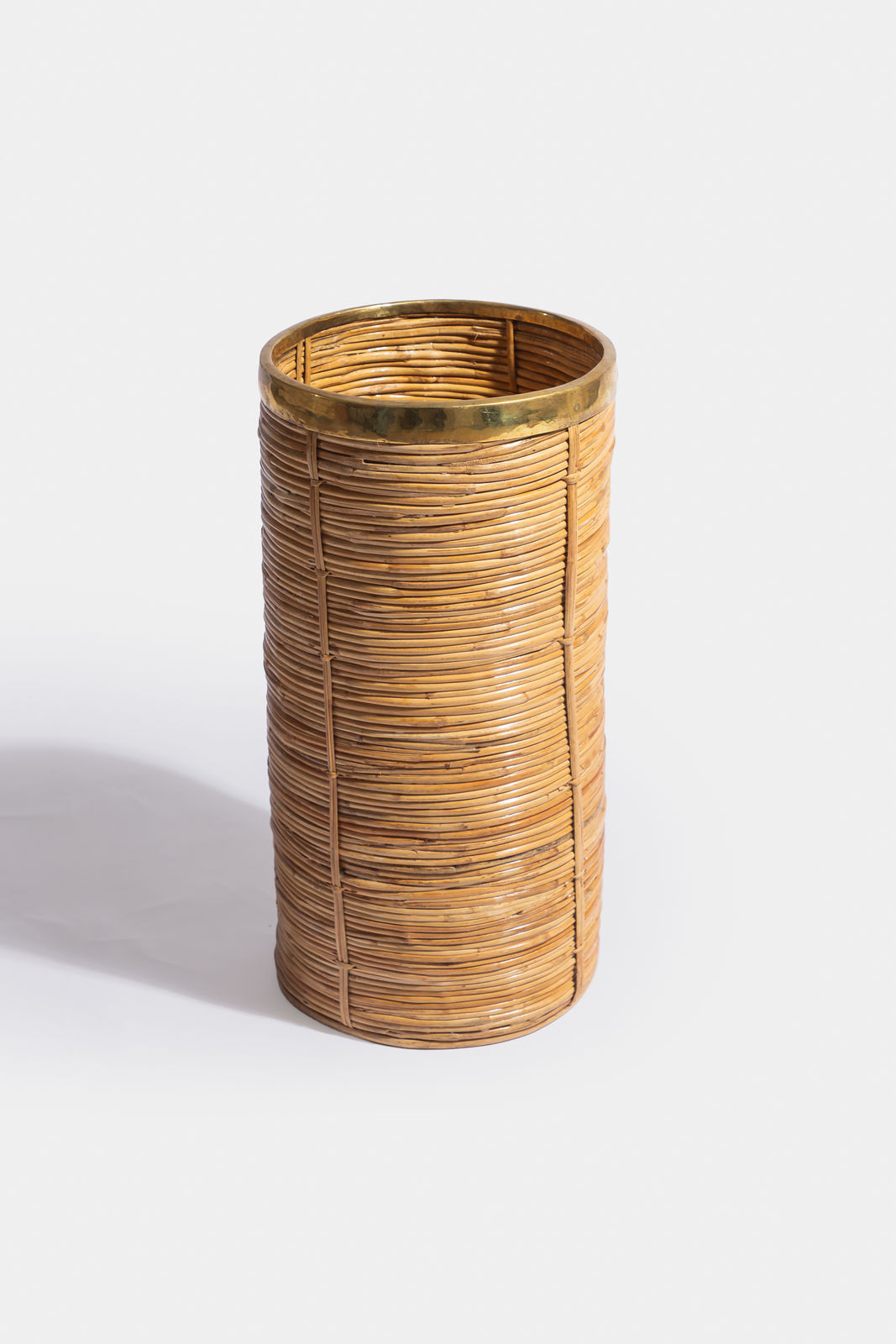 1970s Italian Cane & Brass Umbrella Stand in the style of Gabriella Crespi