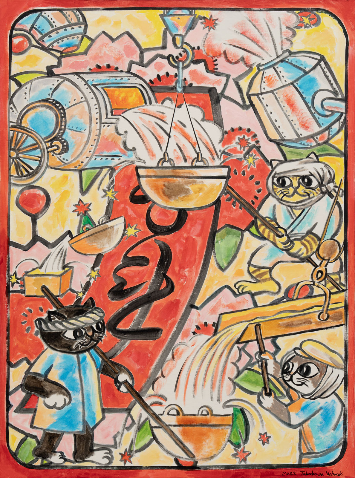 Nobuaki Takekawa, Cat’s Ashio Copper Mine Hwatu (Cherry Blossom with Red Ribbon – Blast Furnace Work), 2025