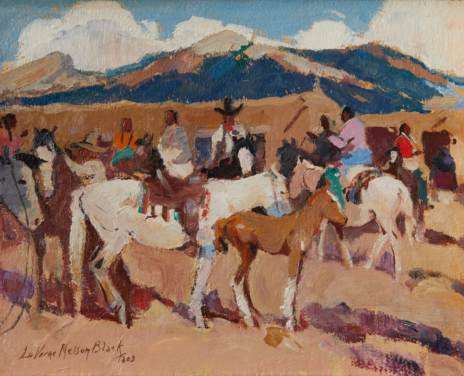 LaVerne Nelson Black, Indians, Saddle Point and Colt (Taos, New Mexico), c. 1930
