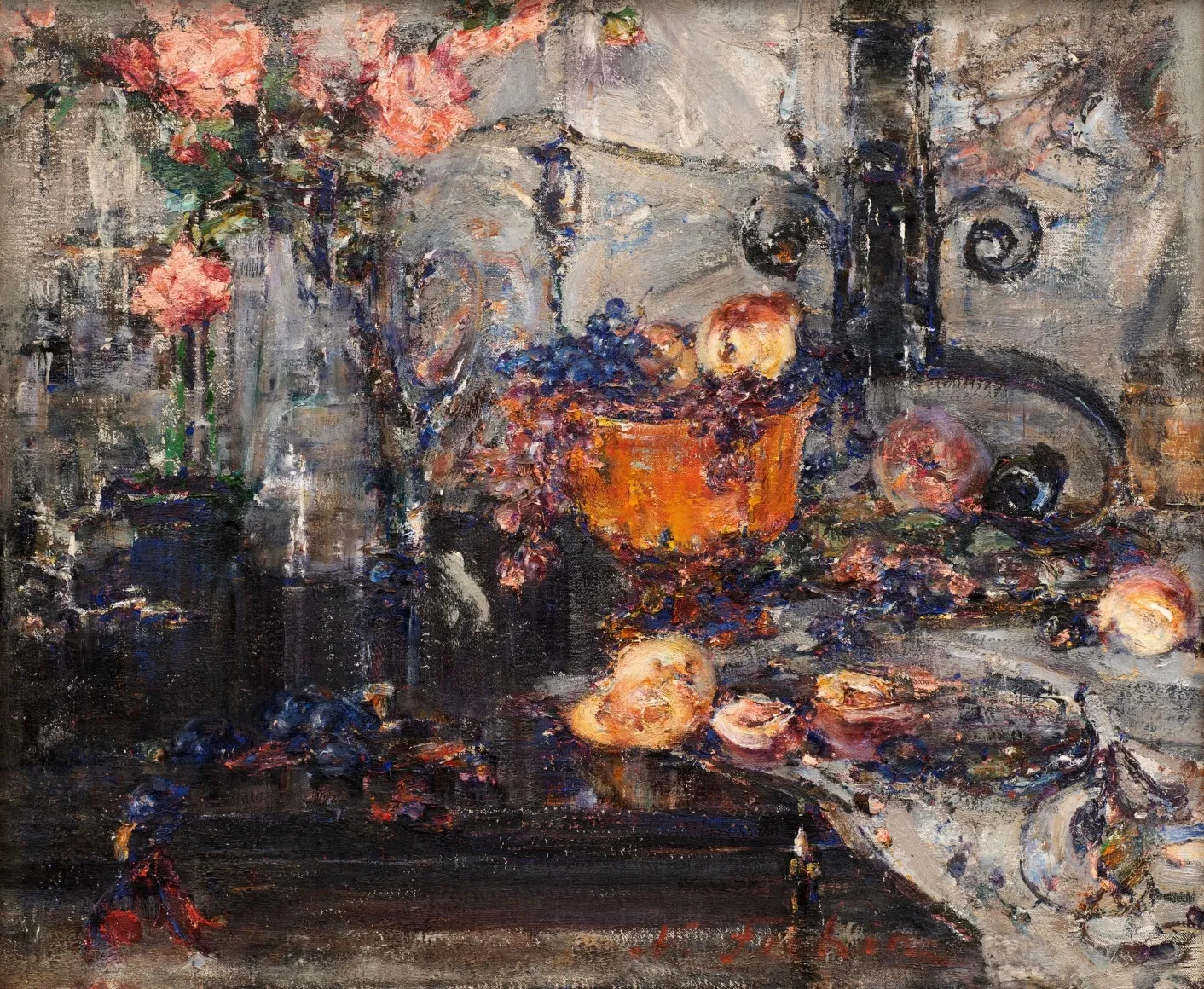Nicolai Fechin, Still Life with Glass Pitcher, Roses, Grapes and Peaches, d. 1923