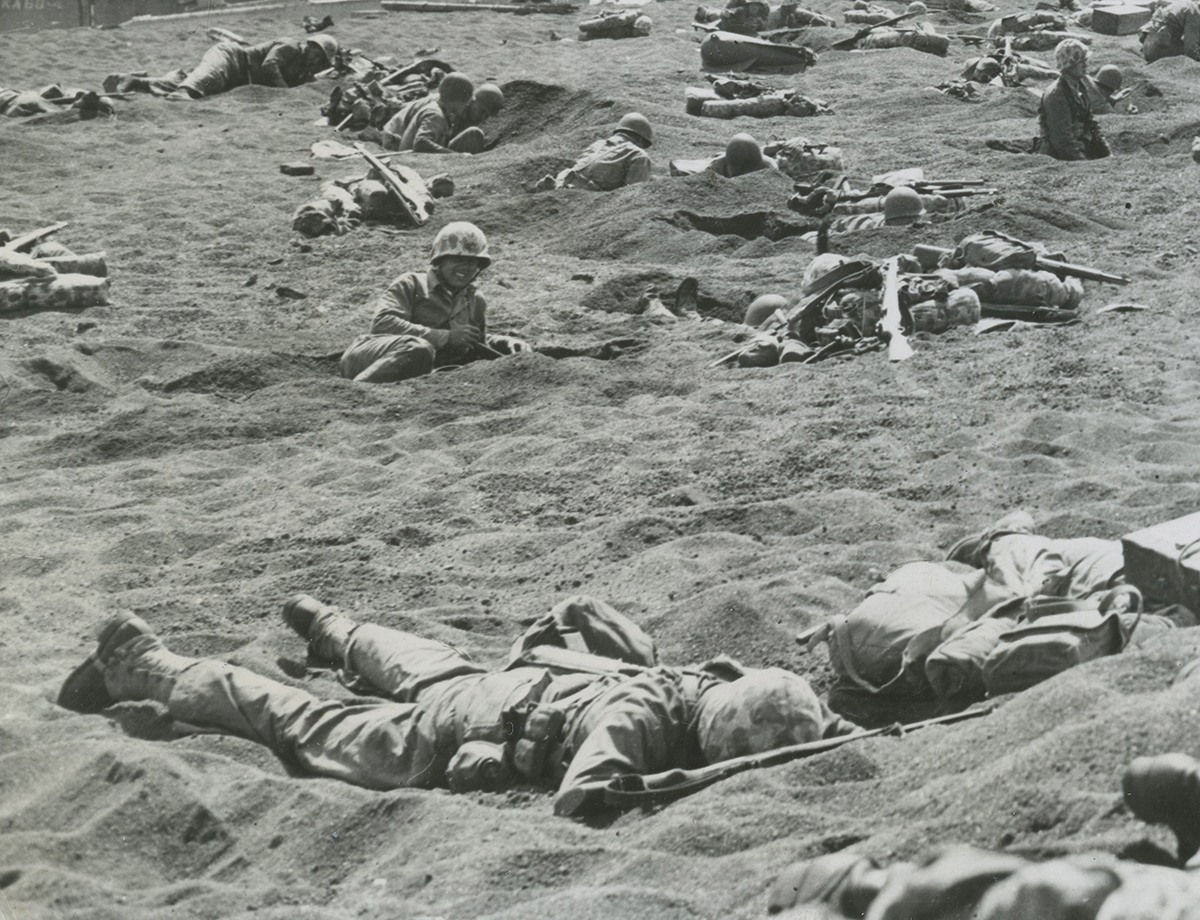 Bob Campbell, “Beachhead of Iwo Jima” - Marines digging in on the Iwo Jima beachhead swept by deadly Japanese fire., 1945