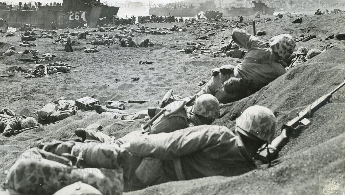 Bob Campbell, “Beachhead of Iwo Jima” - Marines digging in on the Iwo Jima beachhead swept by deadly Japanese fire., 1945