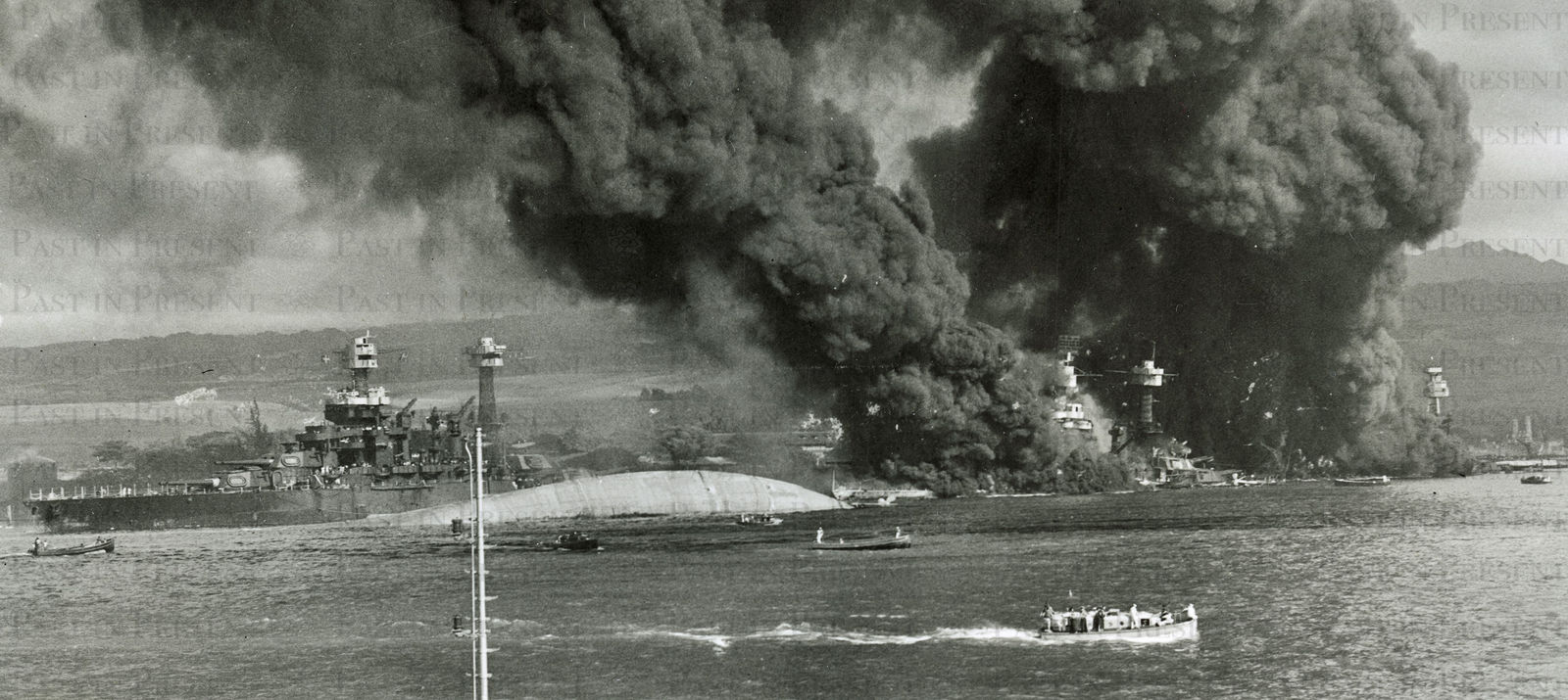 “Inferno at Battleship Row: Rare View of Pearl Harbor’s Devastation, December 7, 1941”, 1941