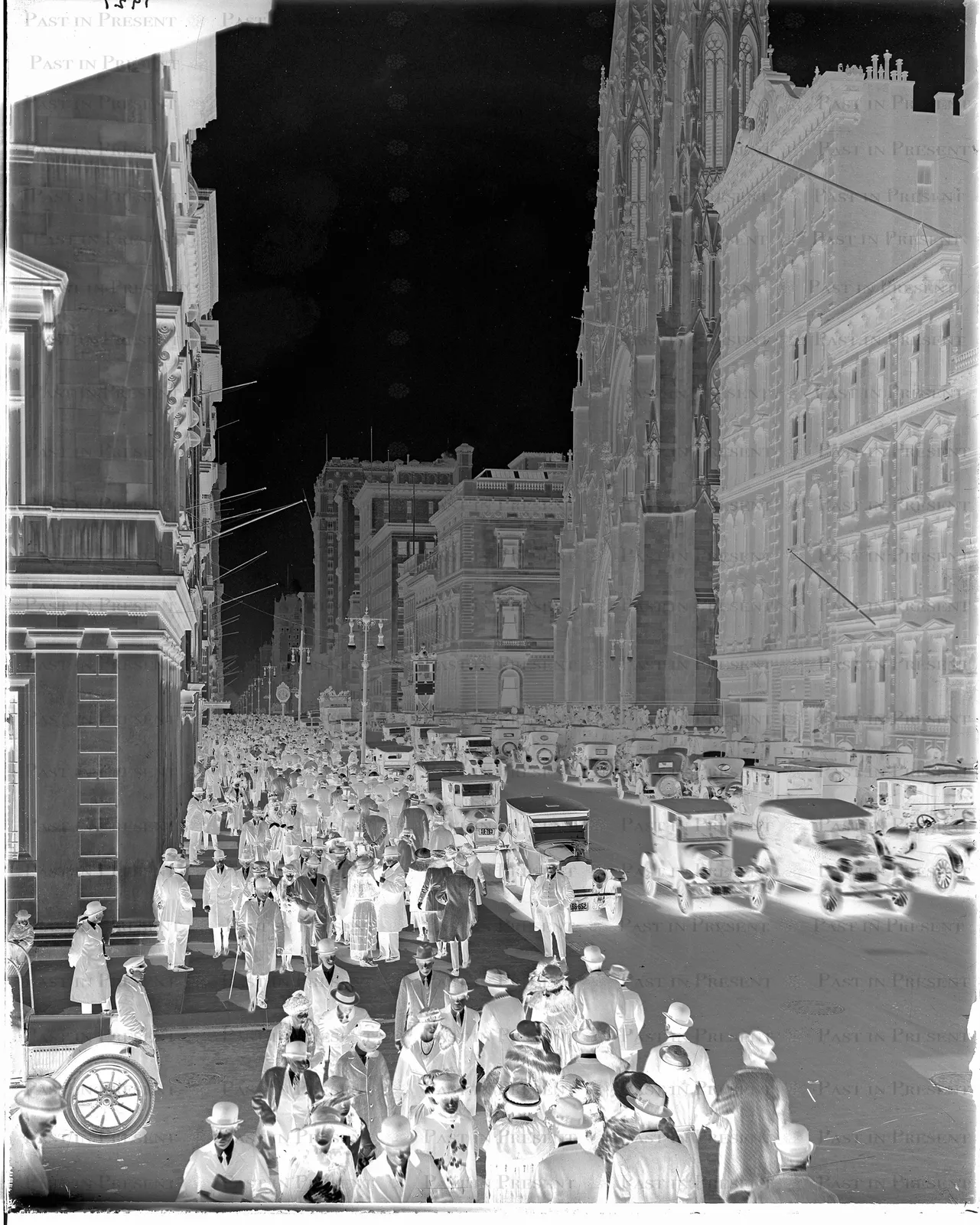 “Fifth Avenue Easter Promenade, NYC 1921 — Crowds, Motorcars & Double-Decker Bus at St. Patrick’s Cathedral”, 1921