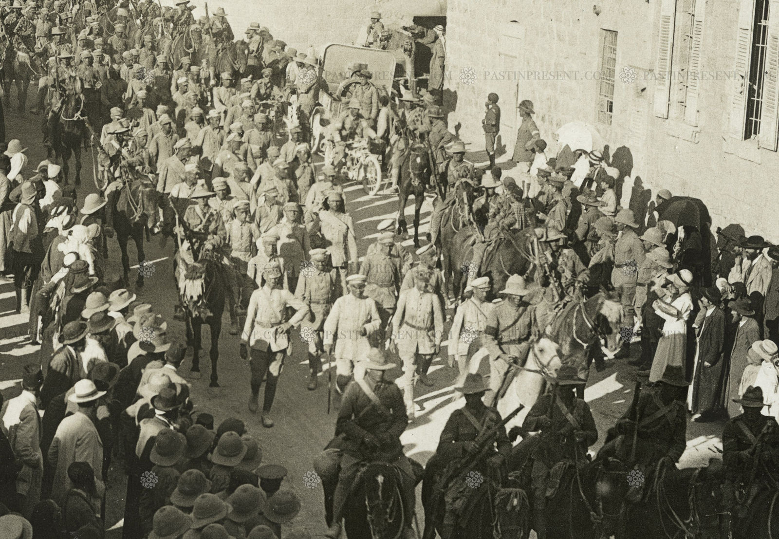 Australian cavalry guard German officers heading a line of 600 prisoners captured in the Battle of Jericho, Jerusalem, 1918