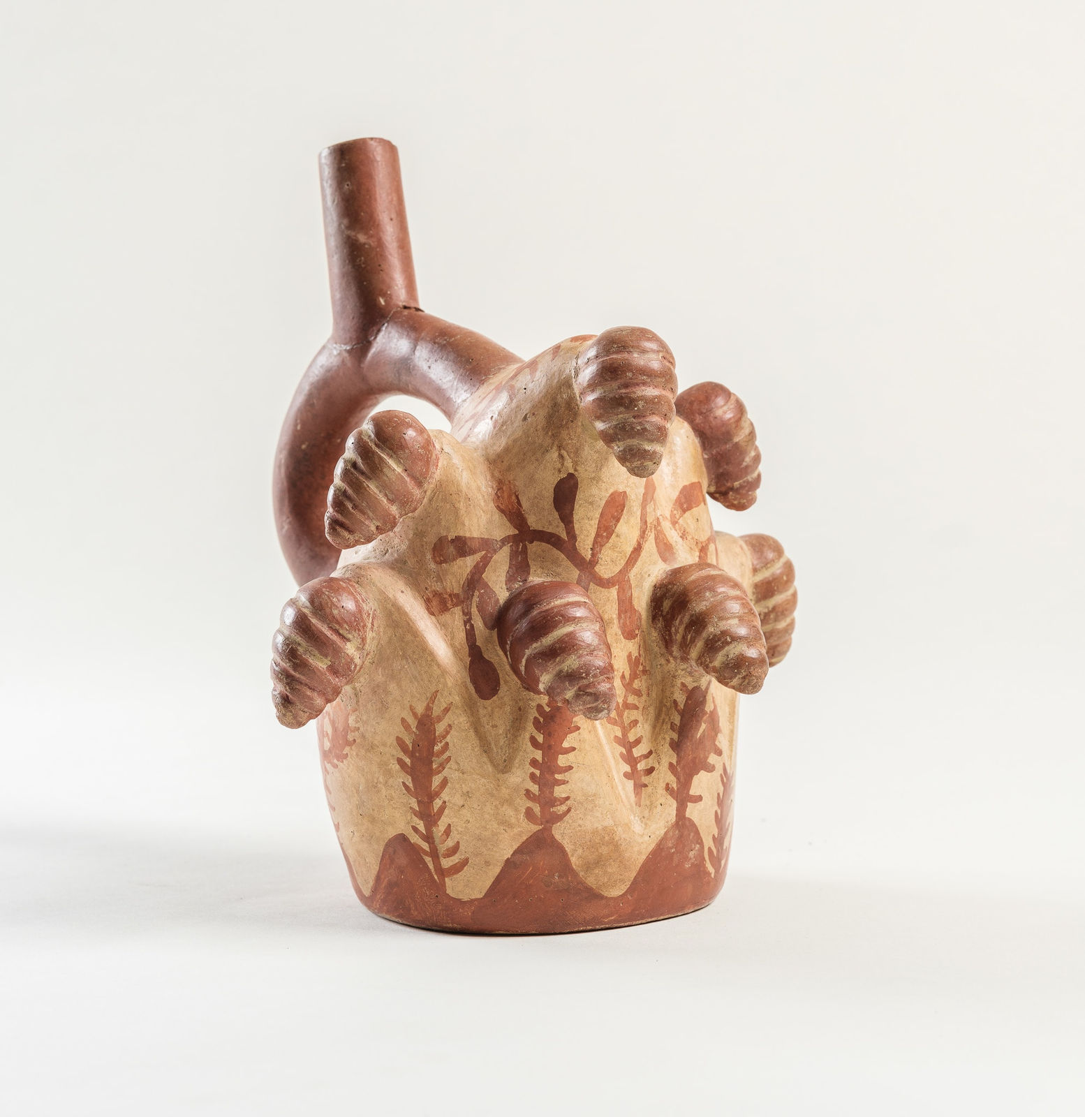 Moche Culture, Stirrup with molusque and San Pedro cactus, Circa. 400 - 600 AD