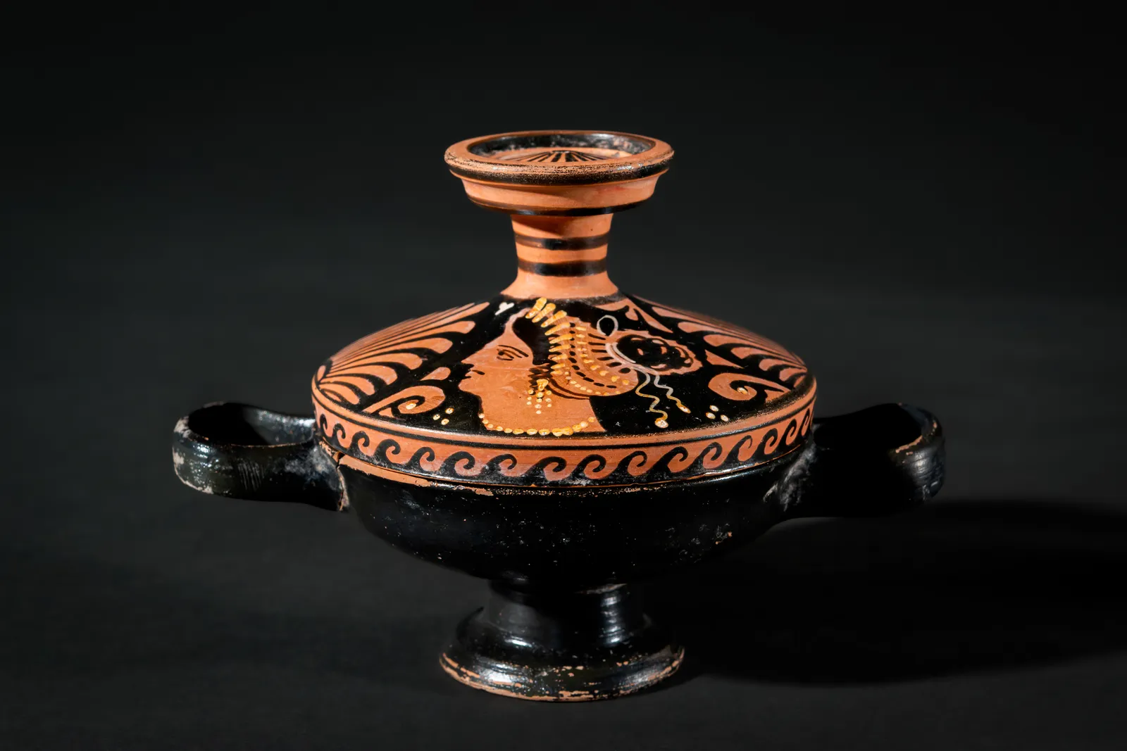 Apulian Red Figure Lekanis with Lady of Fashion, Ca. 350 BC