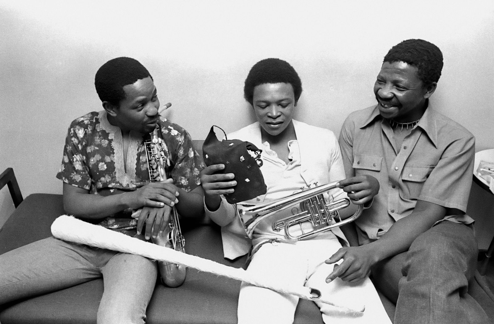 Alf Kumalo, Hugh Masekela (centre), Caiphus Semenya (left), and Matiwane Manana (right), Atlantic City, USA, 1971