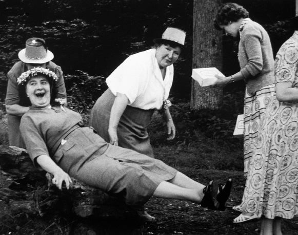 Grace Robertson, Young at Heart [Women leaving back on log], 1954/ printed later