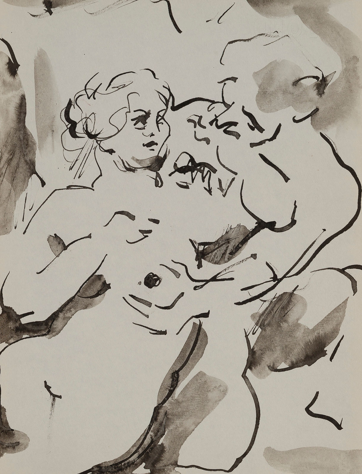 Paul Keene, Paris Sketch #6 - Man and Women (PFF129-Paul Keene, Paris Sketch #6 - Man and Women , Ink, 1950. Drawing depicts a male and female nude seated figures in an embrace. ), 1950, c.
