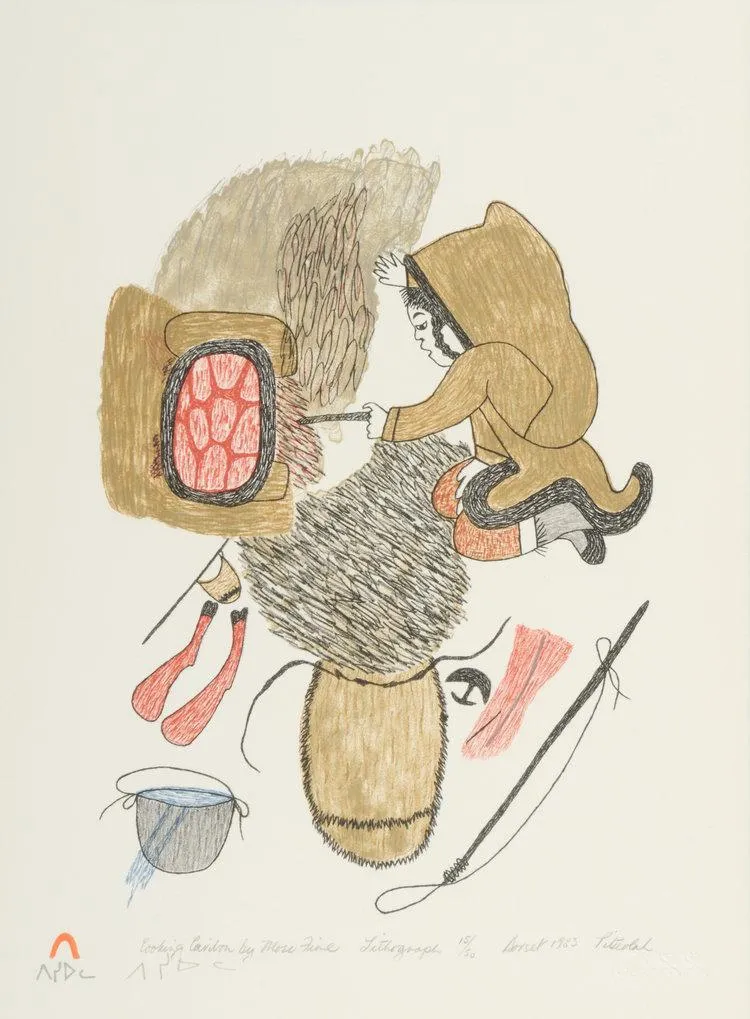 Pitseolak Ashoona, Cooking Caribou by Moss Fire, 1984