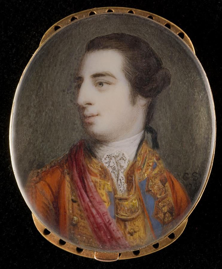 Gervase Spencer, Portrait miniature of Charles Fitzroy (1737-97), 1st Lord Southampton, semi-profile to the left, wearing scarlet coat with blue and gold facings and brass gorget and a crimson sash, 1759