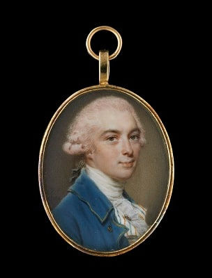 John Smart, A portrait miniature of a Gentleman wearing a blue coat with gold border and buttons, striped waistcoat, white frilled cravat, gold tie pin and powdered hair worn en queue, 1784
