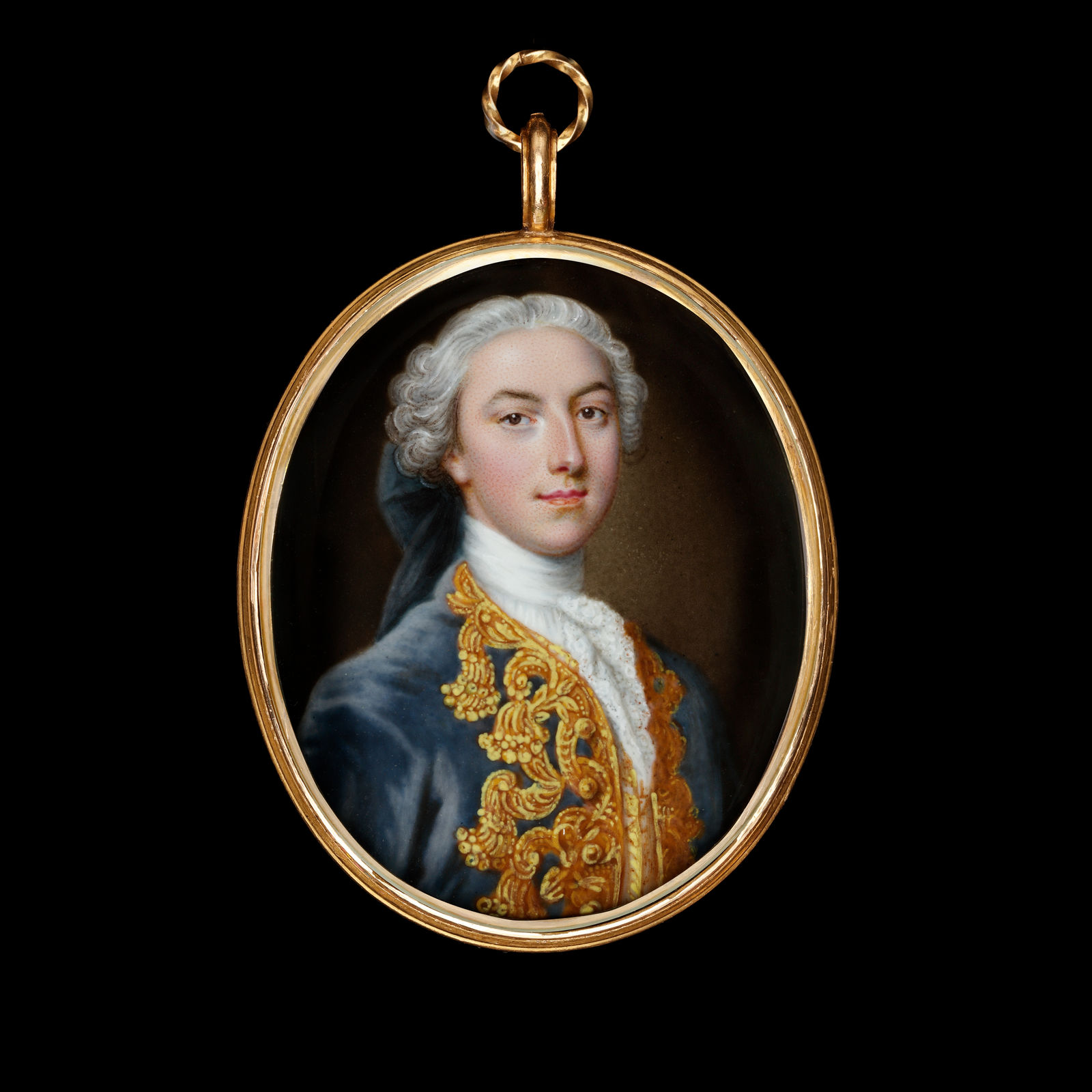 Christian Friedrich Zincke, A portrait enamel of Francis Seymour-Conway, 1st Marquess of Hertford (1718-94), wearing grey velvet coat with gold embroidered border, 1745