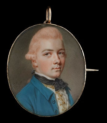 John Smart, Portrait miniature of a Young Man, presumed to be ‘John Bertram’, wearing blue jacket with white waistcoat decorated with gold stitching and a black neckerchief, his pink hair powdered and worn en queue, 1773
