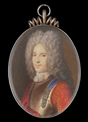 Anne Marie Belle (née Cheron), Portrait miniature of a Nobleman, wearing armour breastplate, scarlet jacket embroidered with gold and red cloak, lace jabot, his hair powdered