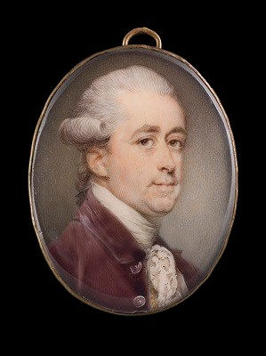 Jeremiah Meyer RA, Portrait miniature of a Gentleman in a plum coat with gold embroidered white waistecoat and lace cravat, his wig powdered and worn en queue, late 18th century