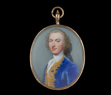Christian Friedrich Zincke, A portrait miniature enamel of Francis Beckford (d. 1768) wearing blue coat embroidered with gold, tied with lace cravat, brown hair worn en queue, early 18th century