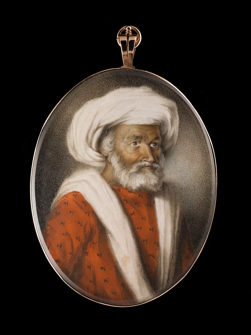 Ozias Humphry RA, A portrait miniature of an Indian Gentleman, wearing red patterned jama (robe) and white loose turban, c. 1787