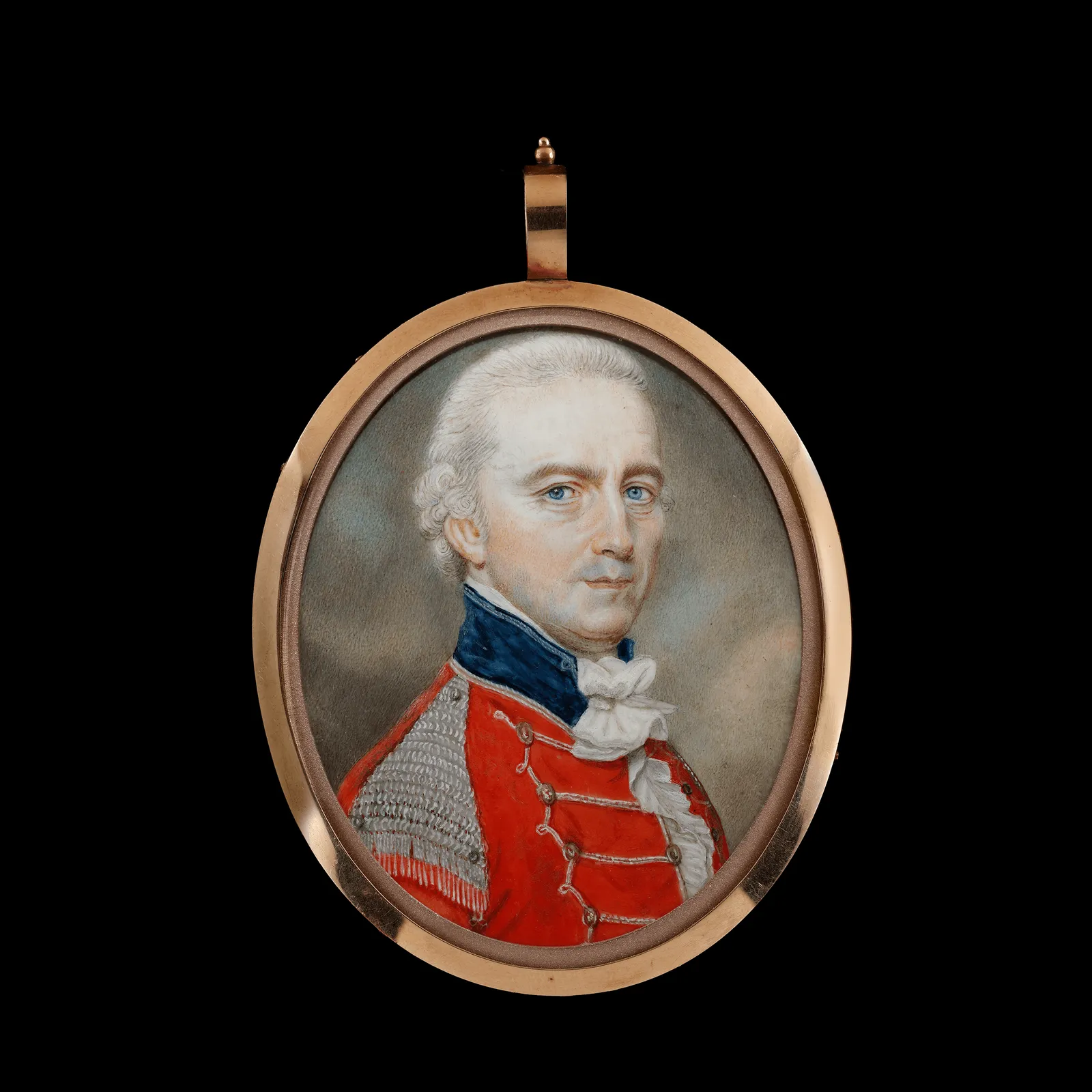 Samuel Andrews, Lt. Colonel Robert Frith (d. 1800), of the first Bengal Native Cavalry, wearing a scarlet light cavalry-style jacket with blue facings, silver Russia braid and silver chain mail epaulettes, c. 1791