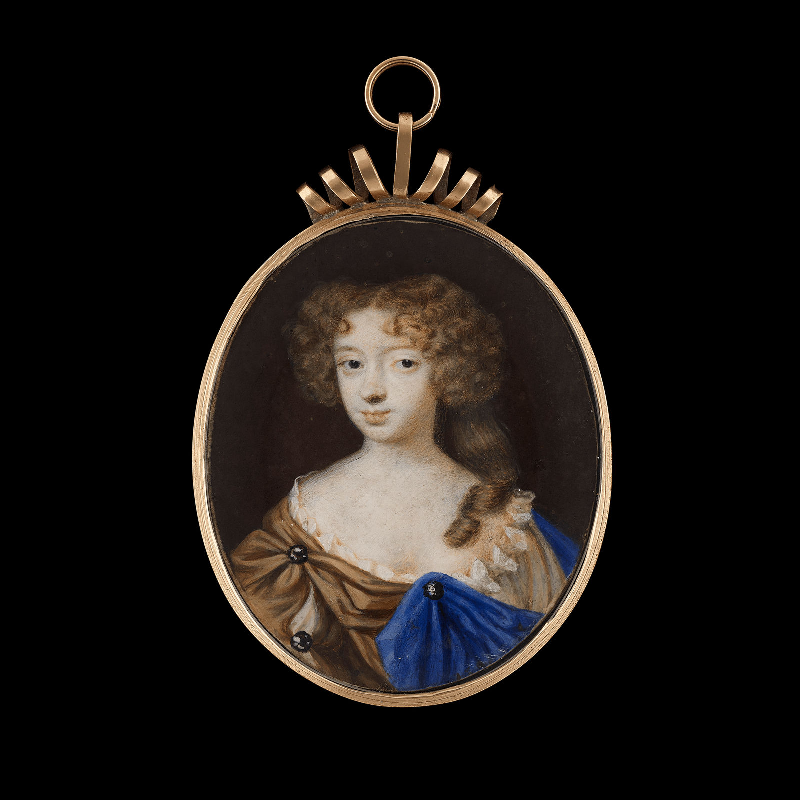 Richard Gibson miniature portrait of A Lady, wearing brown dress in c. 1675 currently for sale at Philip mould & company