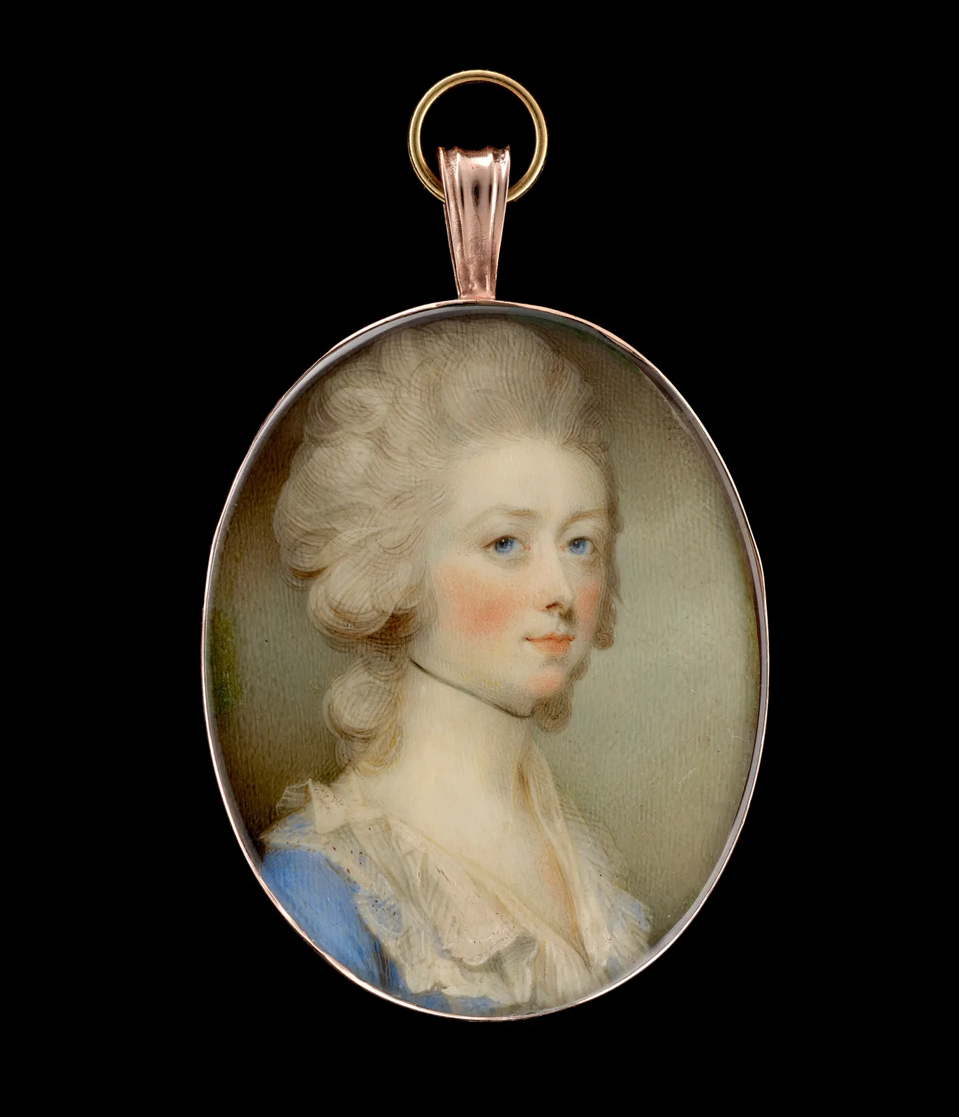 Jeremiah Meyer RA, A Lady, wearing a blue dress with white lace collar, a black ribbon at her neck, her hair powdered, c. 1782