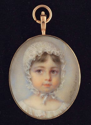 Mlle Marie Marguerite Françoise Jaser, A portrait miniature of a very young Girl of the de Tasserant family (later Madame de L’Dedier), wearing white lace bonnet and dress