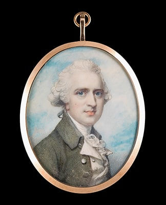 Richard Cosway, Portrait miniature of Andrew Stuart (d. 1801) of Castlemilk and Torrance, wearing grey-green coat, white waistcoat, frilled chemise and stock, his hair powdered and worn en queue, late 18th century