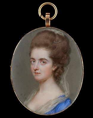 John Smart, Portrait miniature of a Lady, possibly of the Hay family, wearing blue dress trimmed with lace, her hair worn upswept and decorated with pearls and white gauze, 1778