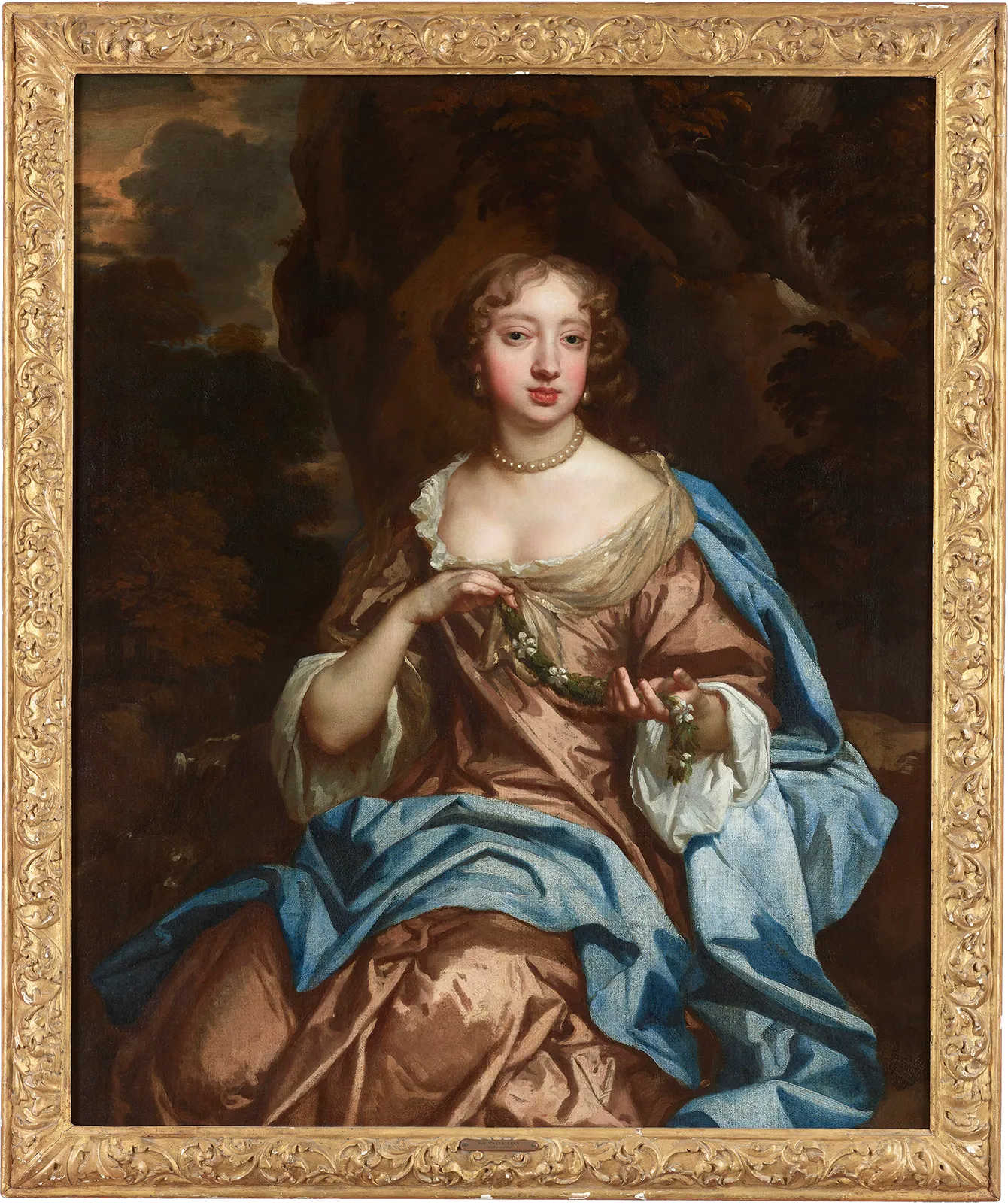 Peter Lely Portrait of a Noblewoman in a light brown satin dress and blue wrap in c. 1670 currently for sale at Philip mould & company