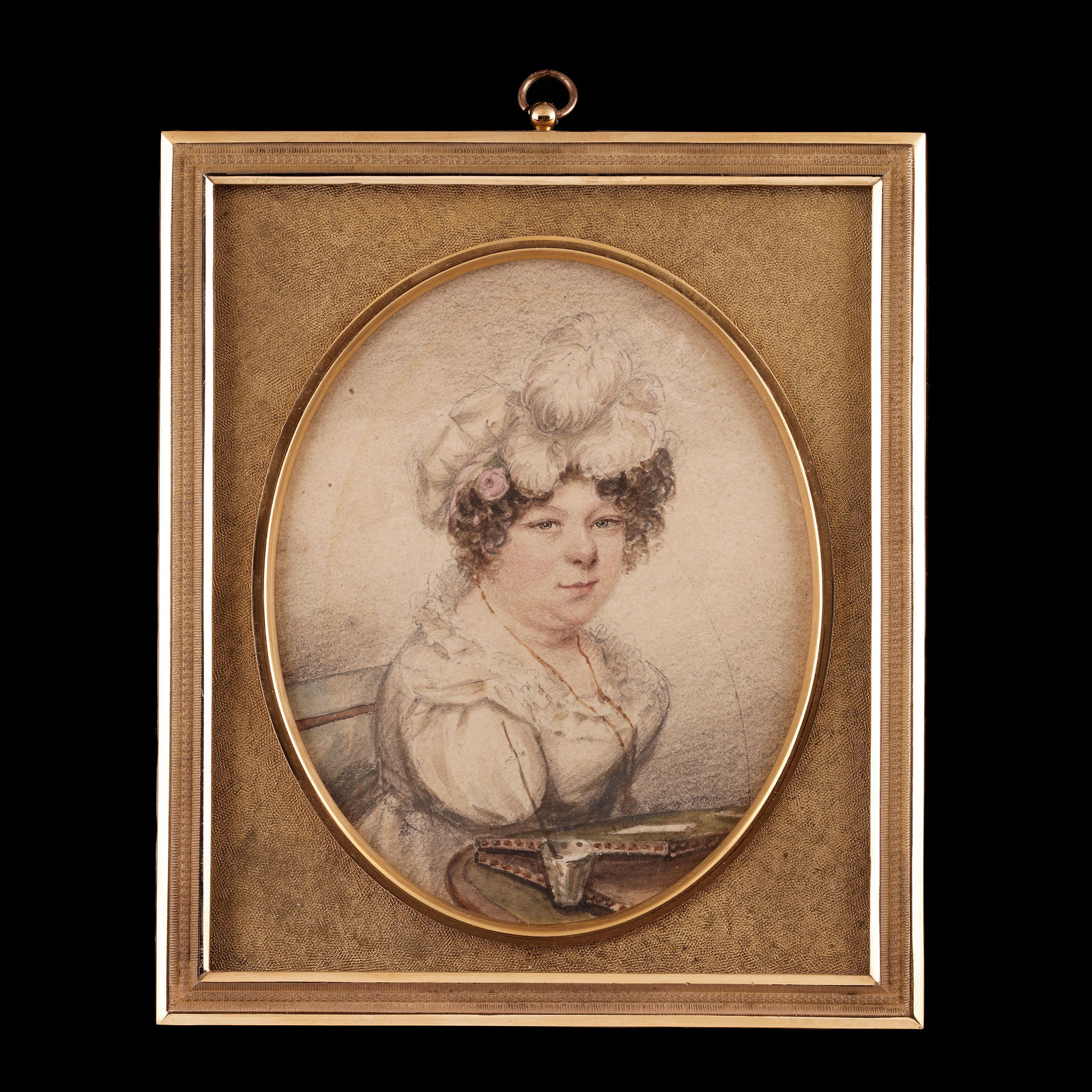 Attributed to Sarah Biffin, A portrait of Sarah Biffin at her painting slope, c. 1825