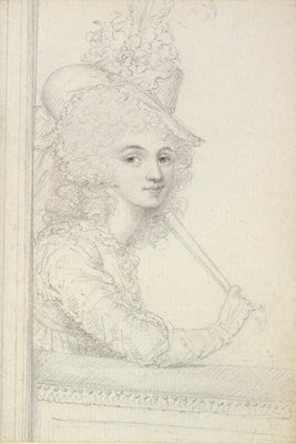 Richard Cosway, A portrait drawing of the actress Mary Robinson (nèe Derby), also known as ‘Perdita’ (1756/1758?-1800), seated in a theatre box, wearing plumed hat, a fan in her hand, 1780s