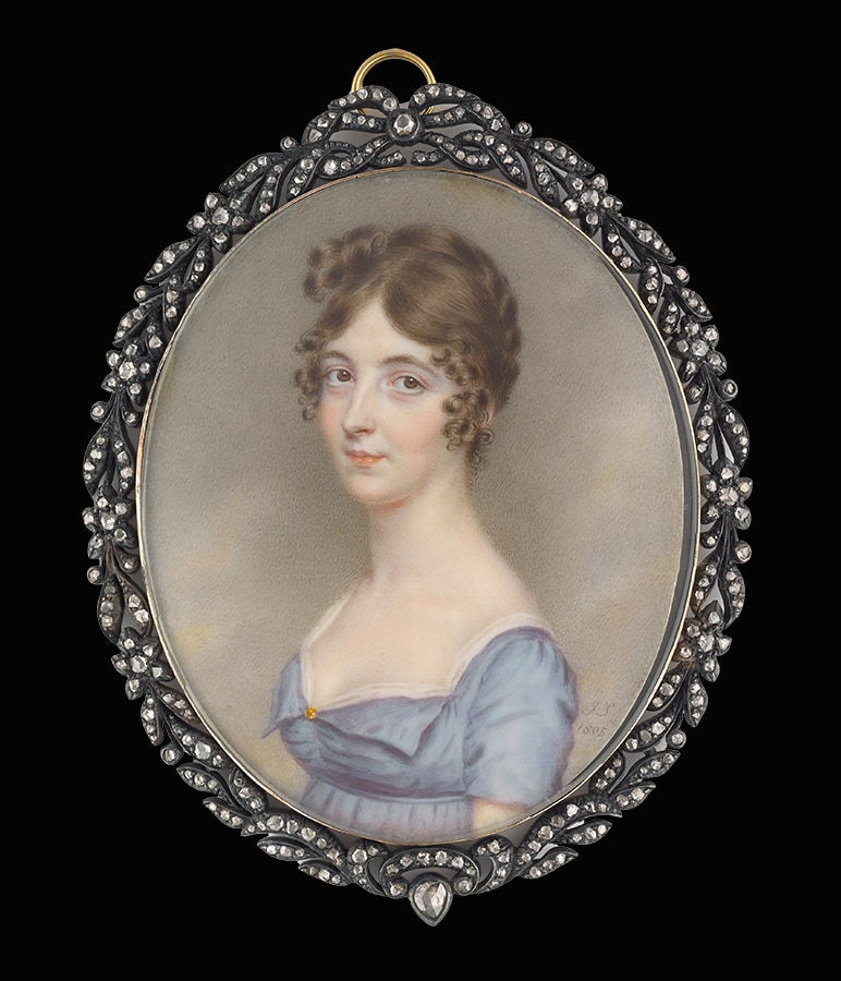 John Smart, Portrait miniature of a Lady, wearing a lilac dress with white trim, a gold brooch at her corsage, her hair worn upswept with a looped plait and curled into ringlets, 1805