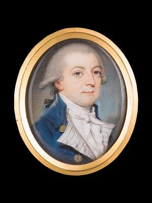Thomas Day, Portrait miniature of a Gentleman, wearing a blue coat with gold buttons, blue striped white waistcoat, frilled chemise and tied cravat, his hair powdered and worn en queue, late 18th century