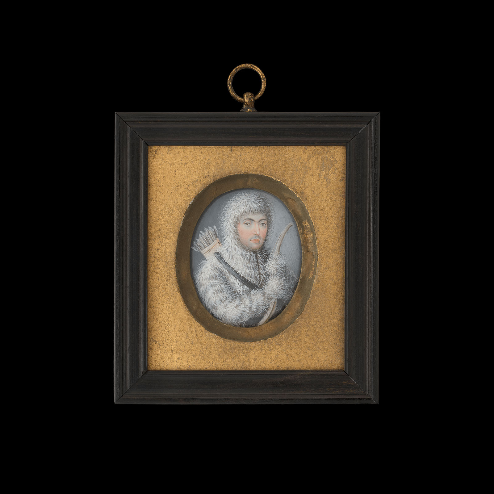 French-Canadian School, An Inuk or European Man, wearing fur parka with hood, a bow in his hand and a quiver with arrows on his back, 1800-20