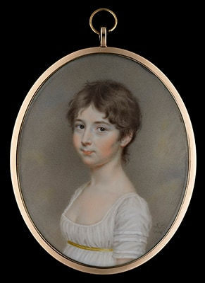 John Smart, Portrait miniature of a Young Girl, possibly Miss E. Lambert, wearing a décolleté white dress with thin gold waistband, her hair worn short, 1804