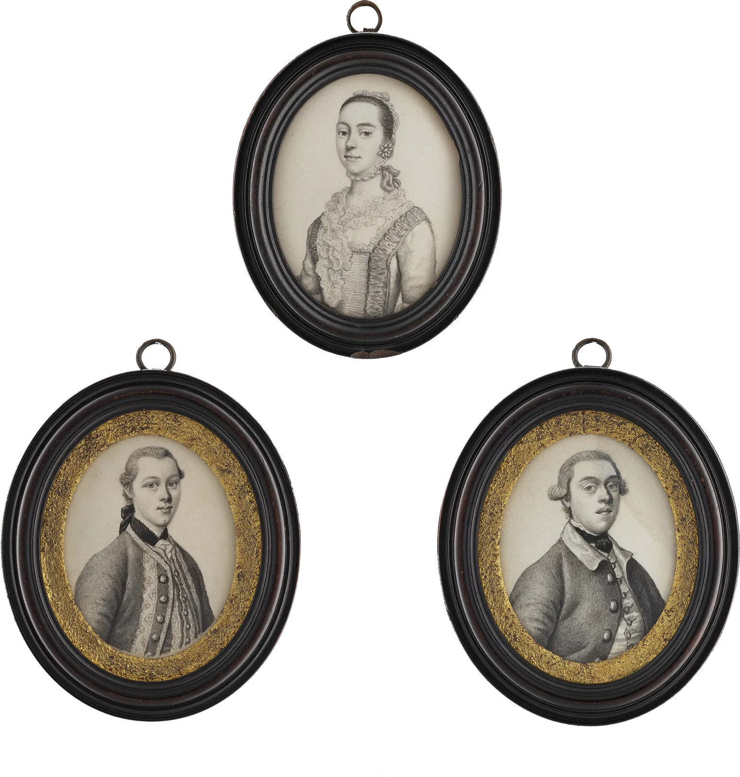 James Ferguson, Three portraits, including a portrait of James Caulfield, 1st Earl Charlemont (1728-99); a young Gentleman, wearing jacket and waistcoat with braid border and a Lady, wearing dress with lace fichu and bonnet, c. 1755