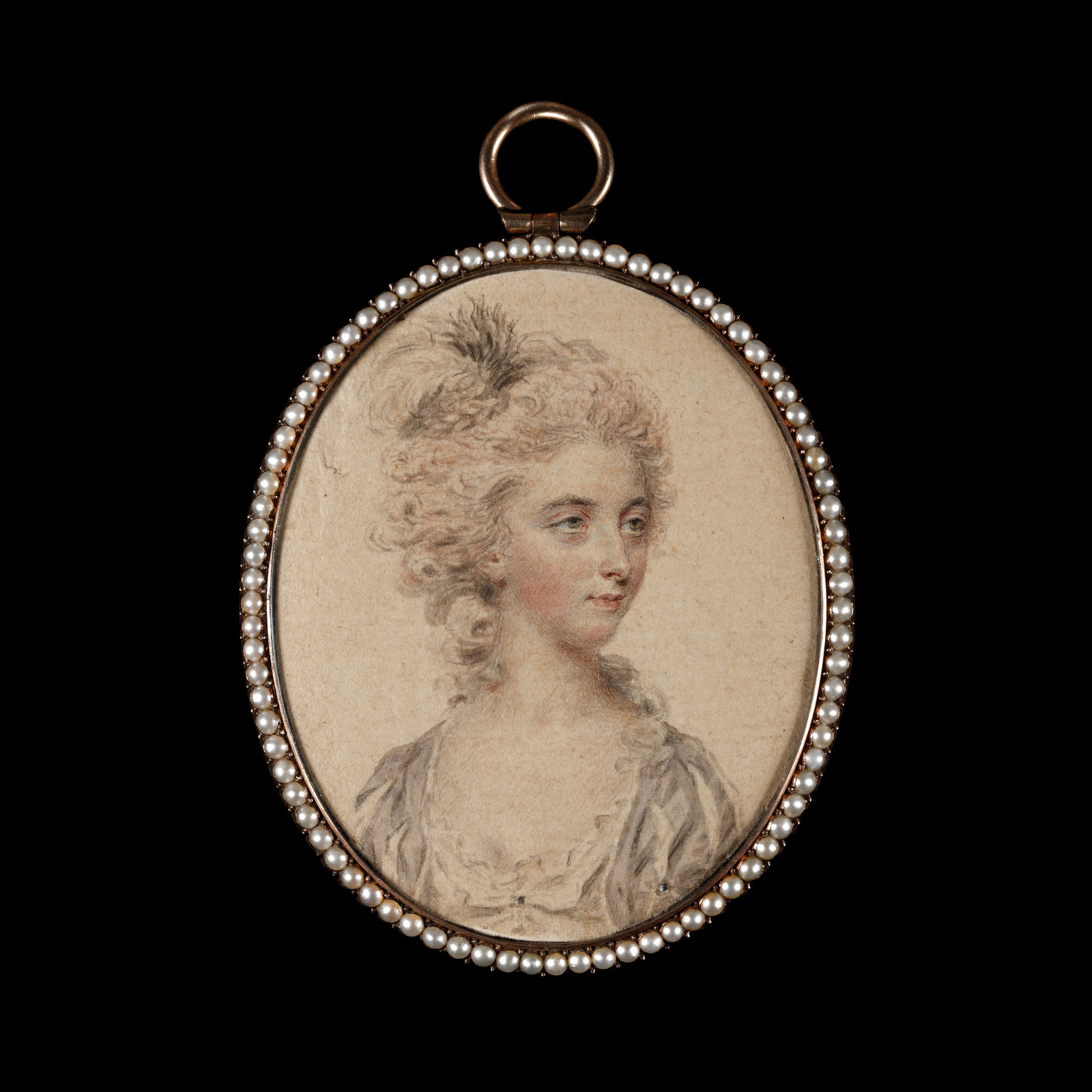 John Smart, Portrait drawing of Mrs Elizabeth Shippey of Sloane Street, Knightsbridge, wearing a grey dress, black and white feathers in her powdered hair, 1784