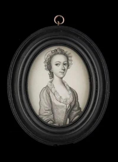 James Ferguson, Portrait drawing of a Lady, wearing figured dress with lace collar and lace cap, c. 1750