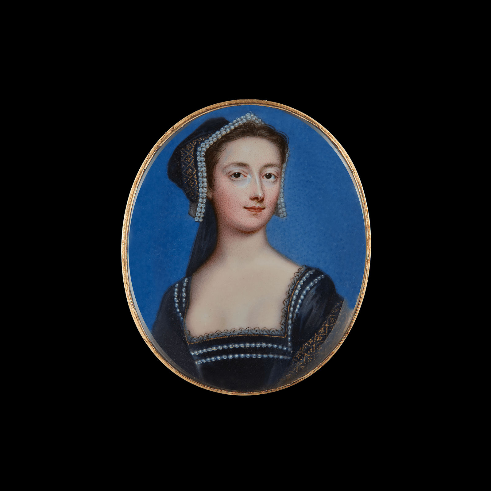 Christian Friedrich Zincke, Elizabeth Montagu (née Robinson) (1718-1800), dressed as ‘Anne Boleyn’, in lace-edged black Tudor costume, the dress and gold-figured coif bordered with pearls, c. 1740-45