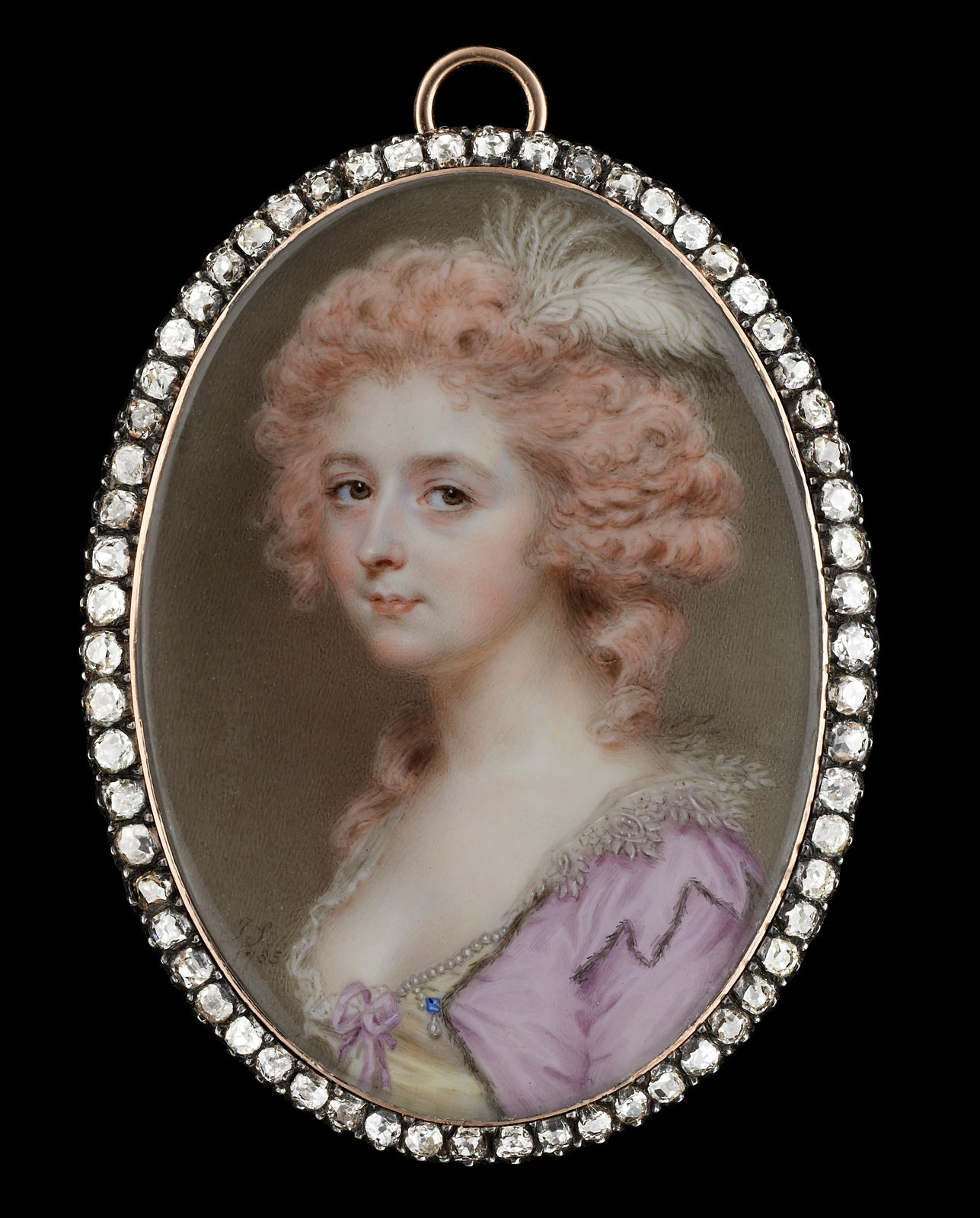 John Smart, Portrait miniature of a Lady, wearing fur-bordered mauve dress with embroidered pointed lace collar, a pearl-bordered yellow bodice with mauve bow, her pink-powdered hair worn curled and decorated with an ostrich feather, 1785