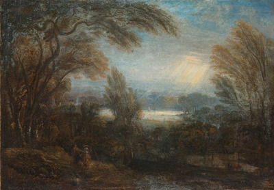 Follower of Sir Joshua Reynolds PRA, FRS, FRSA, A view across the Thames from Richmond Hill, with travellers on a path, late 18th century