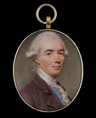 John Smart, Portrait miniature of a Gentleman, possibly ‘John Stewart’, wearing a plum coloured coat with gold-edged blue waistcoat and white ruff, his powdered hair worn en queue, 1778