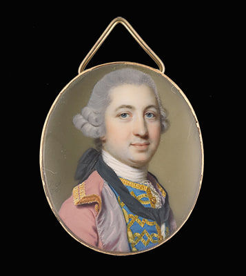 John Smart, Portrait miniature of a Gentleman, wearing a pink silk frock with lilac lining trimmed with gold, a blue waistcoat embroidered with gold and a black silk solitaire ribbon tied at the back of his powdered wig, 1767