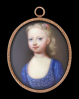 Christian Friedrich Zincke, Portrait enamel of a Young Girl, possibly Princess Amelia (1711-86), wearing blue dress with embroidered bodice, fresh flowers in her blonde hair, mid 18th century