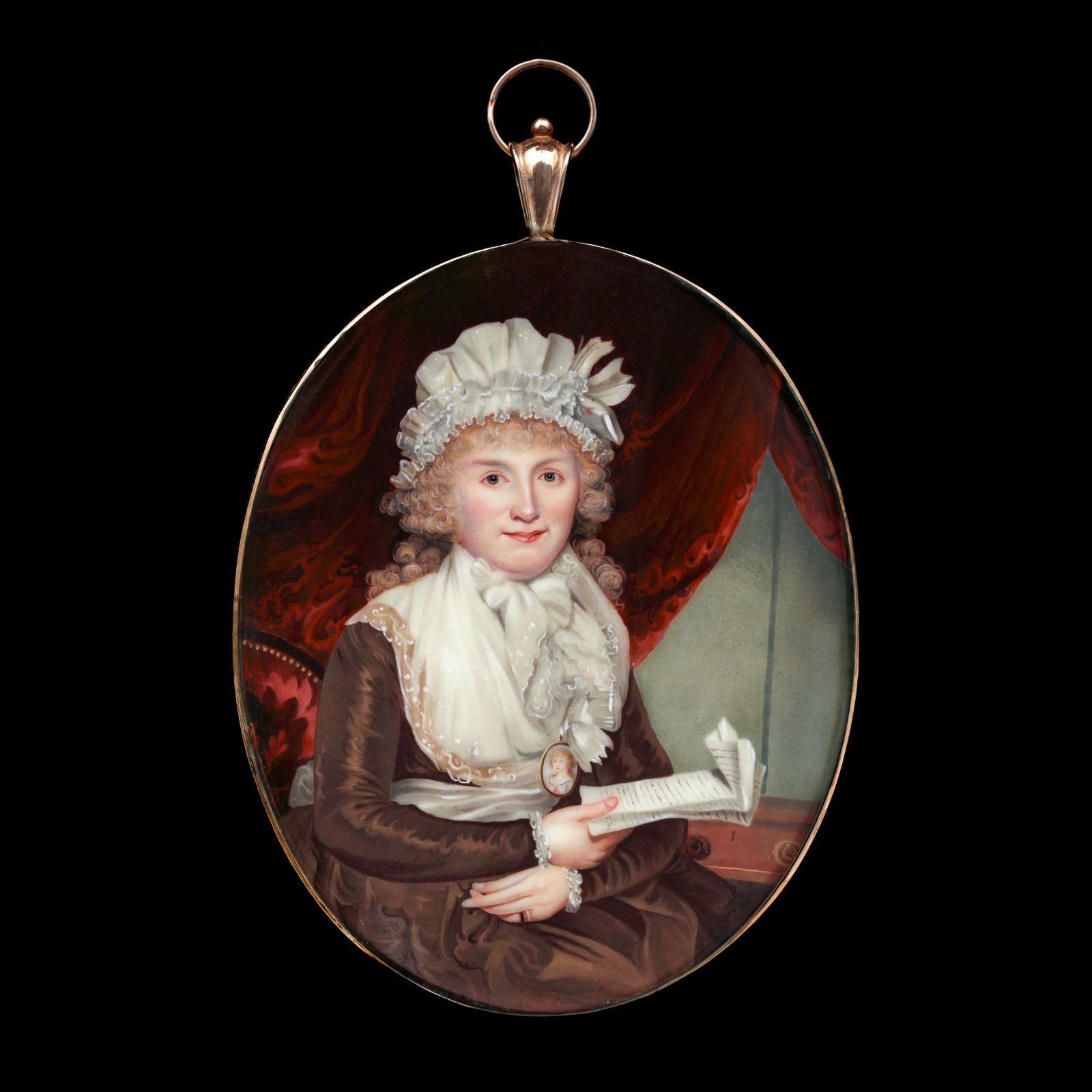 Henry Spicer, A Lady, possibly the artist’s wife, seated in red damask upholstered chair in brown silk dress, a portrait miniature of a girl around her neck, a letter in her hand and wedding band with mourning band on her finger, red velvet curtain background, 1790