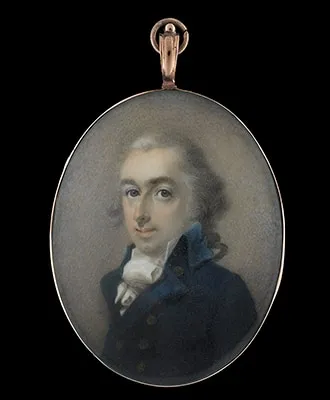 Abraham Daniel, Portrait miniature of a Gentleman, thought to be a member of the Edwards family of Talgarth Hall, wearing blue coat and white cravat, his hair powdered, c. 1795
