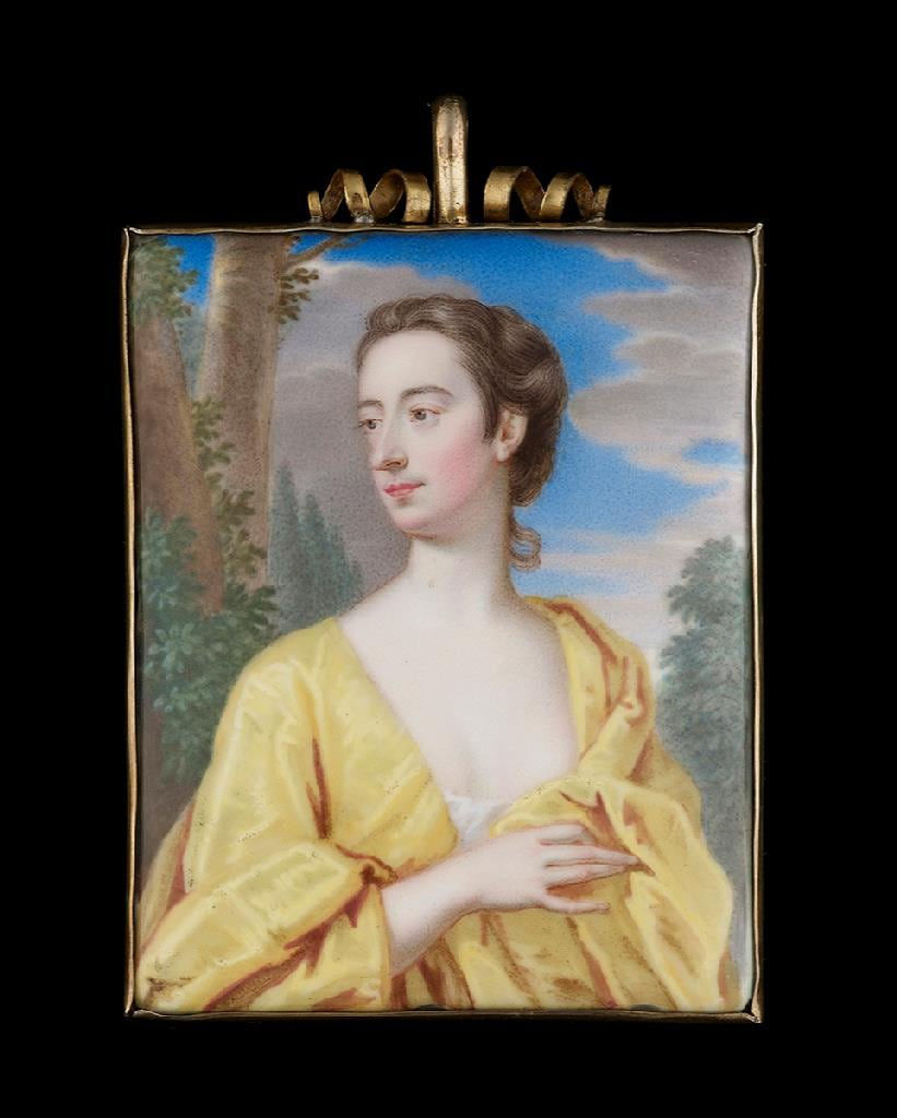 Christian Friedrich Zincke, Portrait enamel of a Lady in yellow, c. 1710-5