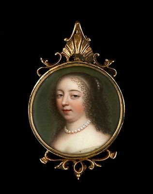 Jean Petitot the Elder, A Noblewoman, traditionally called Margaret Lucas Cavendish, Duchess of Newcastle-upon-Tyne (1623-1673), wearing cream dress with pearls at her neck and in her curled brown hair, c. 1640-45